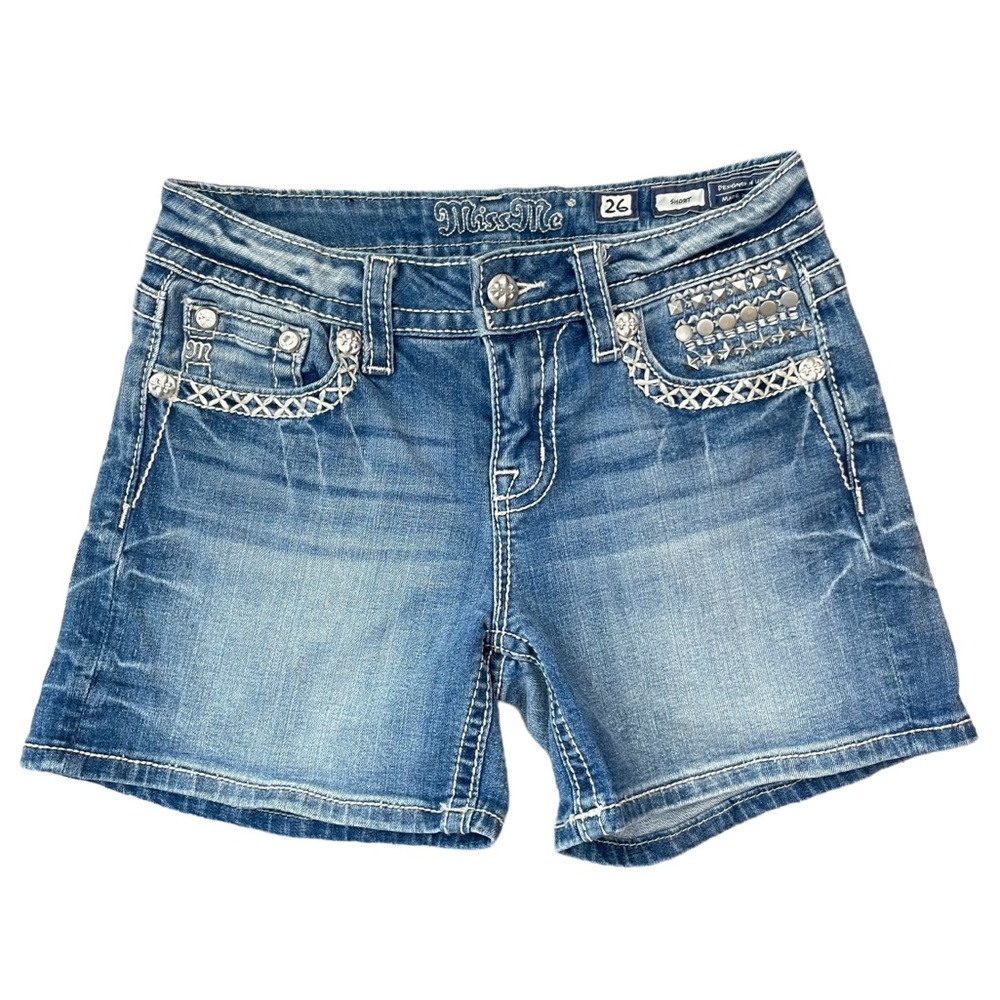 Miss Me Y2K Crystal Studded Embellished Distressed Denim Jean Shorts Size 26